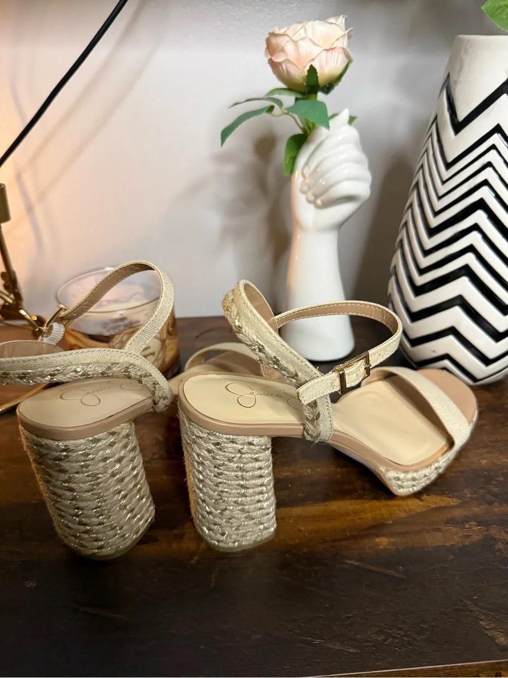 Jessica Simpson Beige Espadrille Block Heel Sandals with Ankle Strap